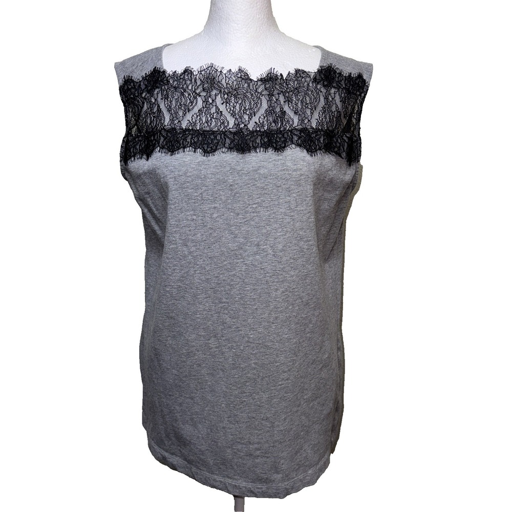 Cabi Zadie Lacy Tee 3815 Gray Tank Black Eyelash Trim Coquette Boho‎ M EUC